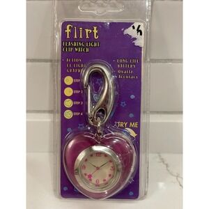 Vintage Y2K Flirt Flashing Light Clip Watch Heart Pink Silvertone Charm New